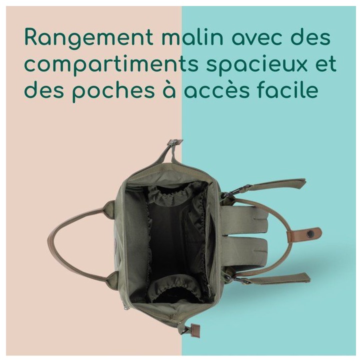 BEBECONFORT Sac a dos a langer bébé, Matelas a langer inclus , Poches isothermes, Finitions cuir, Mineral green