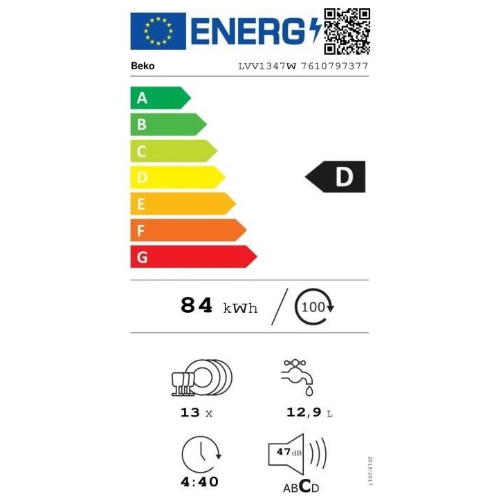 Lave-vaisselle pose libre BEKO LVV1347W bPRO 500 - 13 couverts - L60 cm - 47 dB(A) - Classe D - Blanc Lave-vaisselle pose libre BEKO LVV1347W bPRO 500 - 13 couverts - L60 cm - 47 dB(A) - Classe D - Blanc