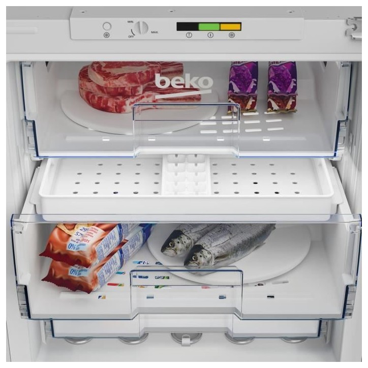 Congélateur armoire - BEKO - BU1204N - Intégrable - 3 tiroirs - 4,9 kg/24h - Classe E - 82x59,5x54x5 - Porte réversible panth Congélateur armoire - BEKO - BU1204N - Intégrable - 3 tiroirs - 4,9 kg/24h - Classe E - 82x59,5x54x5 - Porte réversible panth