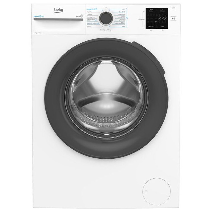 Lave-linge hublot BEKO BMEDWFT38411 - 8 kg - Induction - L60cm - 1400 trs/min - Classe A - Blanc / Hublot Noir