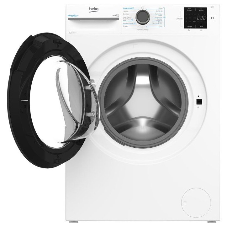 Lave-linge hublot BEKO BMEDWFT38411 - 8 kg - Induction - L60cm - 1400 trs/min - Classe A - Blanc / Hublot Noir