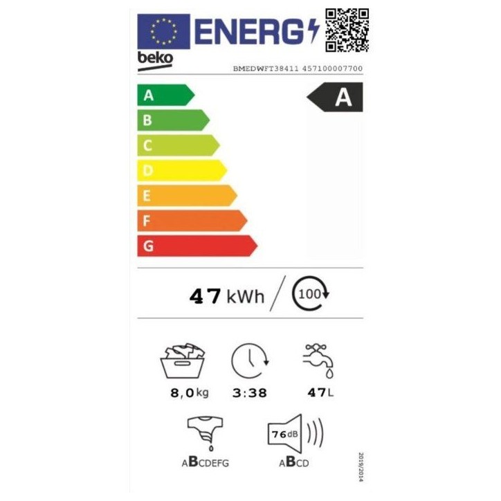 Lave-linge hublot BEKO BMEDWFT38411 - 8 kg - Induction - L60cm - 1400 trs/min - Classe A - Blanc / Hublot Noir