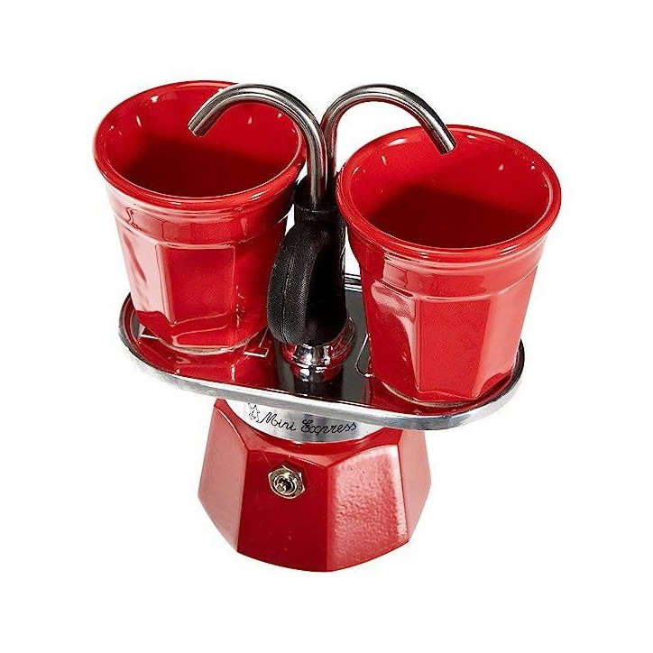 Set cafetiere italienne + 2 tasses - BIALETTI - Mini-express - Inox / Rouge
