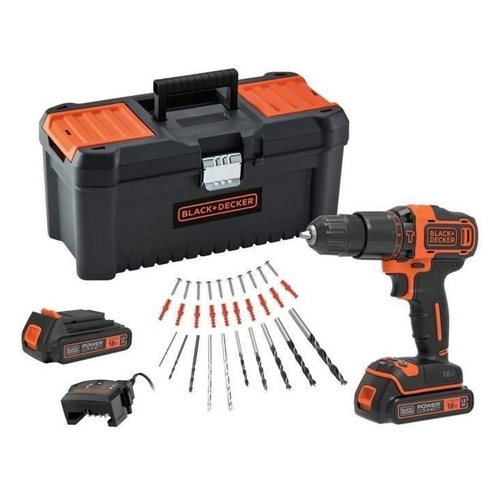 Perceuse a percussion sans fil - 18V - BLACK+DECKER - BDCHD18C2TA-QW – avec 2 batteries 18V – 30 accessoires