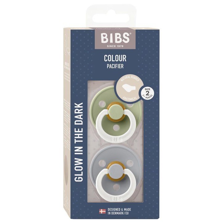 Sucette bébé - BIBS Colour - Anatomique - T2 - Phosphorescente - Caoutchouc naturel - Sage Cloud - Pack de 2 Sucette bébé - BIBS Colour - Anatomique - T2 - Phosphorescente - Caoutchouc naturel - Sage Cloud - Pack de 2