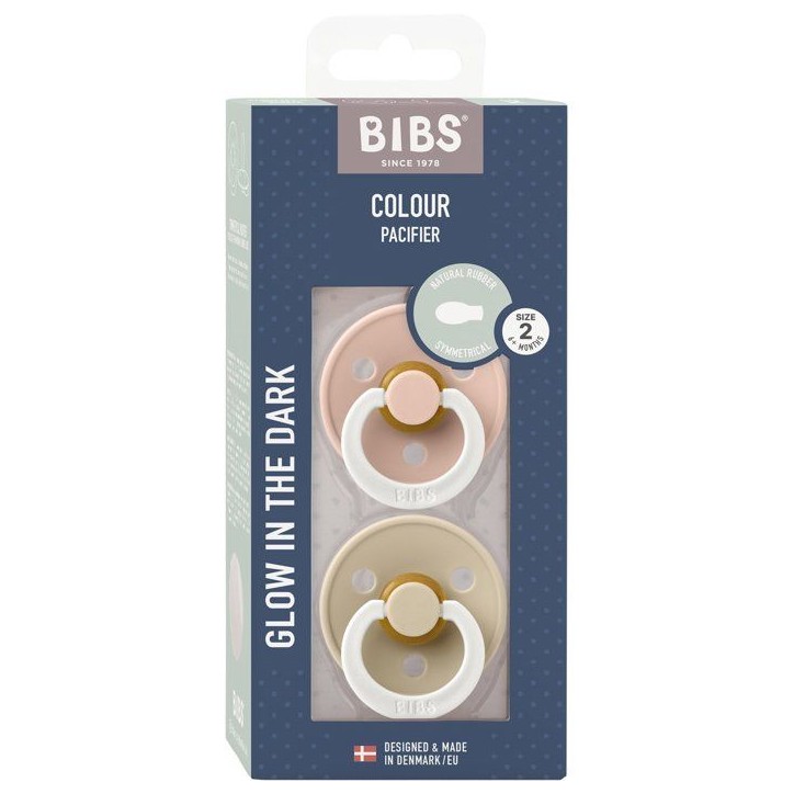 Sucette bébé - BIBS Colour - Symétrique - T2 - Silicone - Phosphorescente - Blush Vanilla - Pack de 2