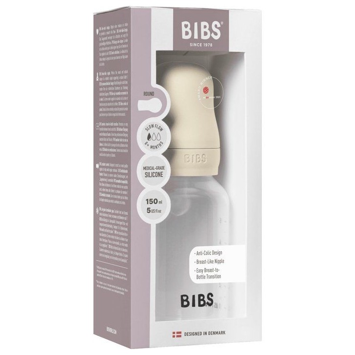 Biberon bébé - BIBS - Embout rond - Silicone - 150 ml - Débit moyen - Ivory