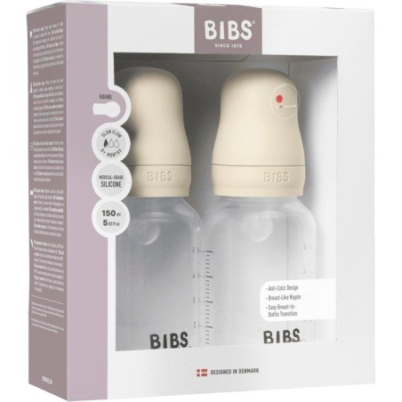 Biberon bébé - BIBS - Embout rond - Silicone - 150 ml - Débit lent - Ivory - Pack de 2