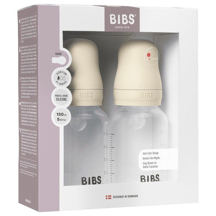 Biberon bébé - BIBS - Embout rond - Silicone - 150 ml - Débit lent - Ivory - Pack de 2