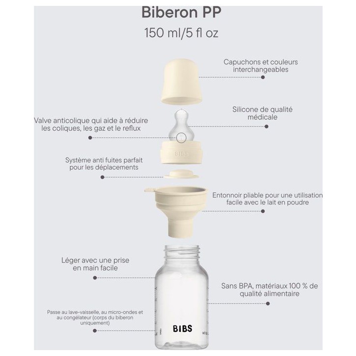 Biberon bébé - BIBS - Embout rond - Silicone - 150 ml - Débit lent - Ivory - Pack de 2
