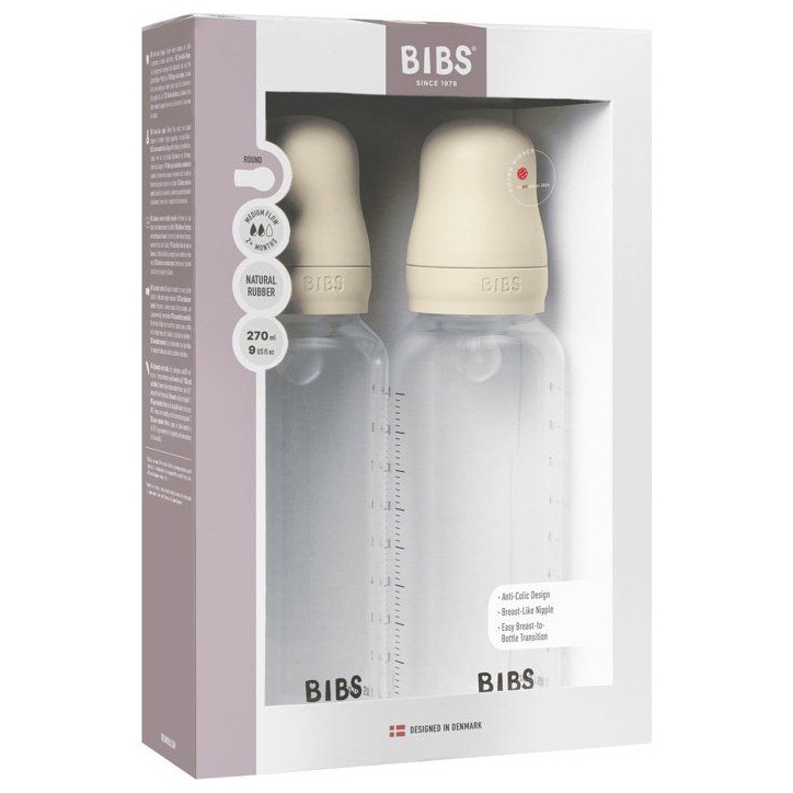 Biberon bébé - BIBS - Embout rond - Silicone - 270 ml - Débit moyen - Ivory - Pack de 2 Biberon bébé - BIBS - Embout rond - Silicone - 270 ml - Débit moyen - Ivory - Pack de 2