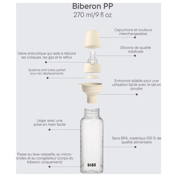 Biberon bébé - BIBS - Embout rond - Silicone - 270 ml - Débit moyen - Ivory - Pack de 2 Biberon bébé - BIBS - Embout rond - Silicone - 270 ml - Débit moyen - Ivory - Pack de 2
