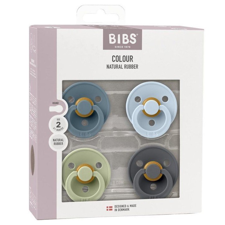 Sucette bébé - BIBS - Colour - Embout rond - Pack de 4 - Caoutchouc naturel - Taille 2 Petrol Sage Baby Blue Iron