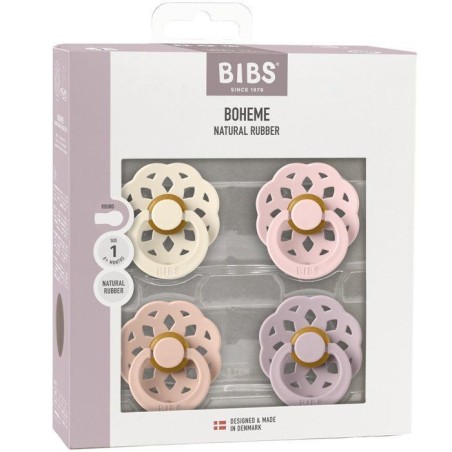 Sucette bébé - BIBS - Boheme - Embout rond - Pack de 4 - Caoutchouc naturel - Taille 1 Ivory Blush Blossom Dusty Lilac