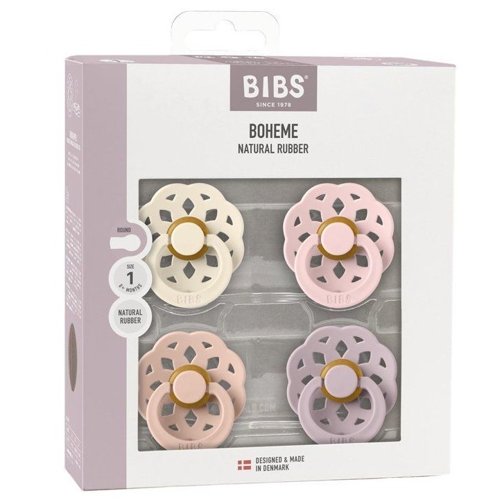 Sucette bébé - BIBS - Boheme - Embout rond - Pack de 4 - Caoutchouc naturel - Taille 1 Ivory Blush Blossom Dusty Lilac