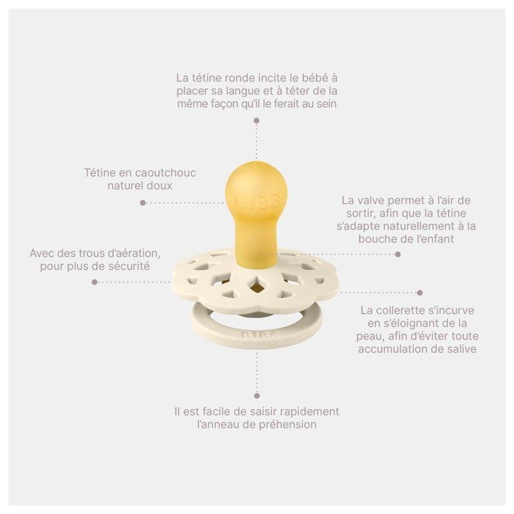 Sucette bébé - BIBS - Boheme - Embout rond - Pack de 4 - Caoutchouc naturel - Taille 1 Ivory Blush Blossom Dusty Lilac