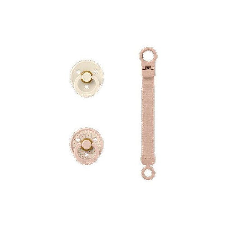 Coffret cadeau bébé - BIBS Sucette & attache - Embout rond - T1 - Blush