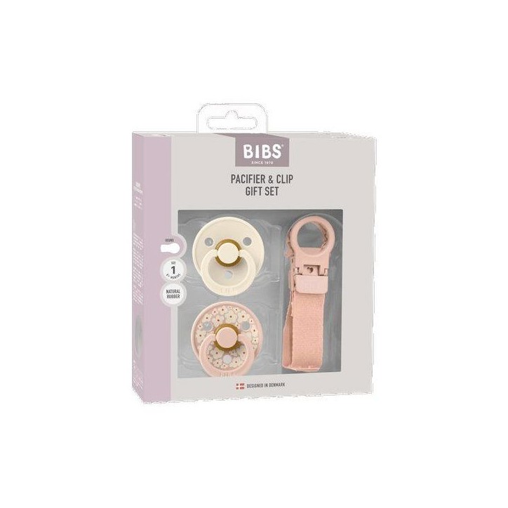 Coffret cadeau bébé - BIBS Sucette & attache - Embout rond - T1 - Blush
