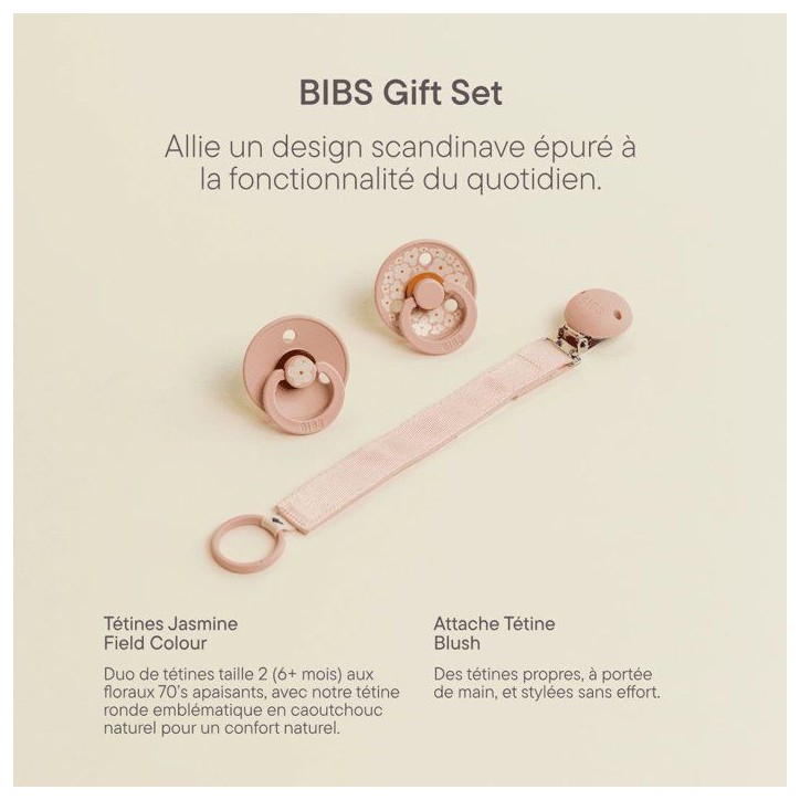 Coffret cadeau bébé - BIBS Sucette & attache - Embout rond - T1 - Blush