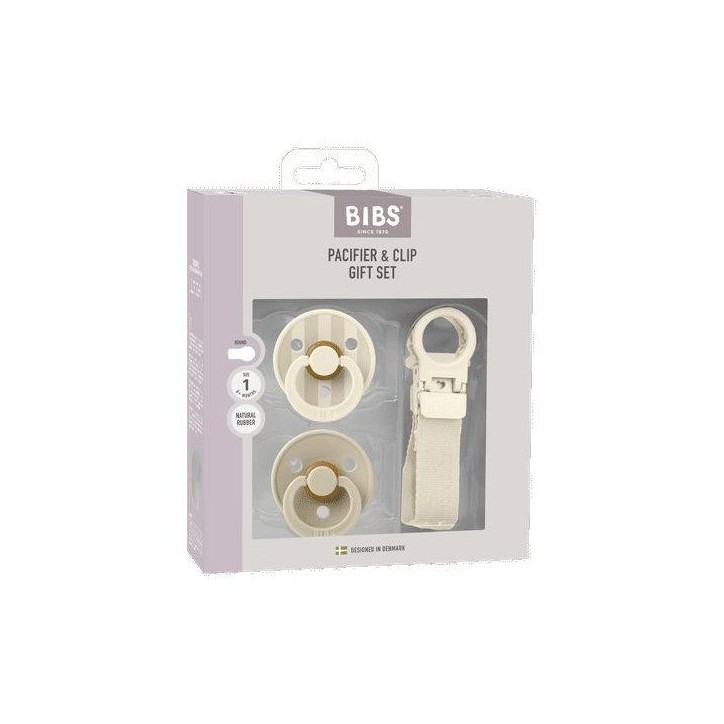Coffret cadeau bébé - BIBS Sucette & attache - Embout rond - T1 - Ivory