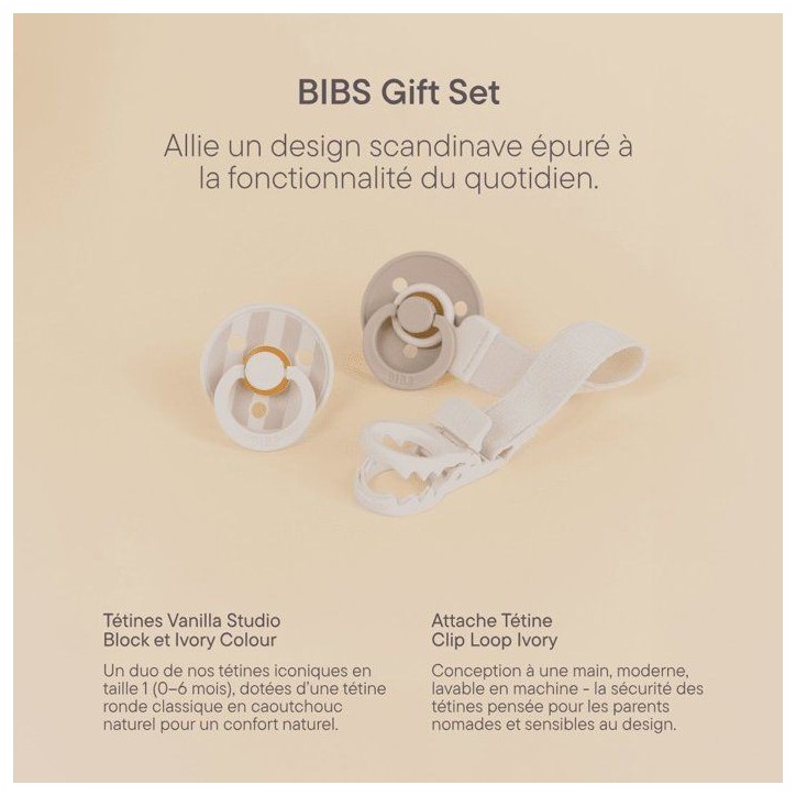 Coffret cadeau bébé - BIBS Sucette & attache - Embout rond - T1 - Ivory