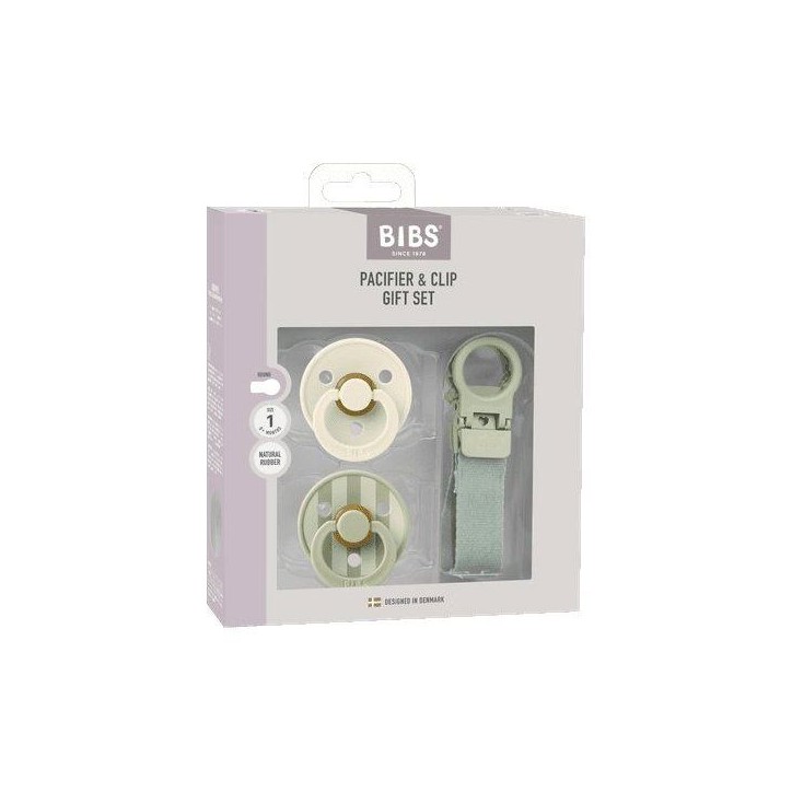 Coffret cadeau bébé - BIBS Sucette & attache - Embout rond - T1 - Sage