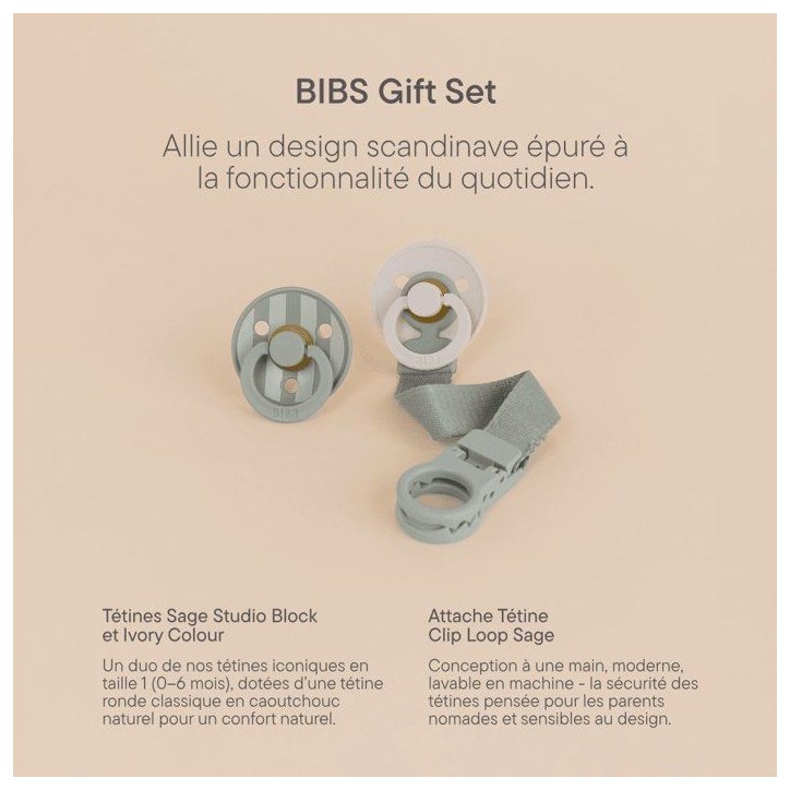 Coffret cadeau bébé - BIBS Sucette & attache - Embout rond - T1 - Sage