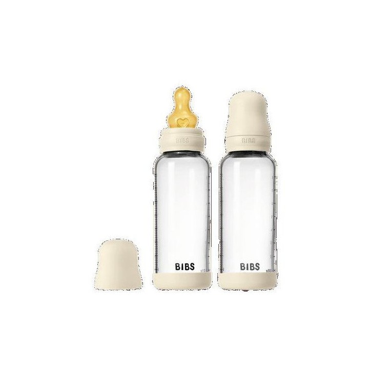 Biberon bébé - BIBS Verre - Embout rond - Caoutchouc naturel - 240 ml - Débit moyen - Ivory - Pack de 2