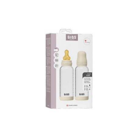 Biberon bébé - BIBS Verre - Embout rond - Caoutchouc naturel - 240 ml - Débit moyen - Ivory - Pack de 2