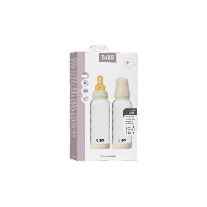 Biberon bébé - BIBS Verre - Embout rond - Caoutchouc naturel - 240 ml - Débit moyen - Ivory - Pack de 2