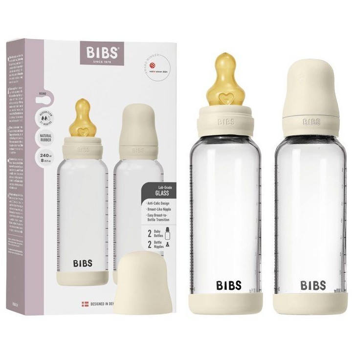 Biberon bébé - BIBS Verre - Embout rond - Caoutchouc naturel - 240 ml - Débit moyen - Ivory - Pack de 2