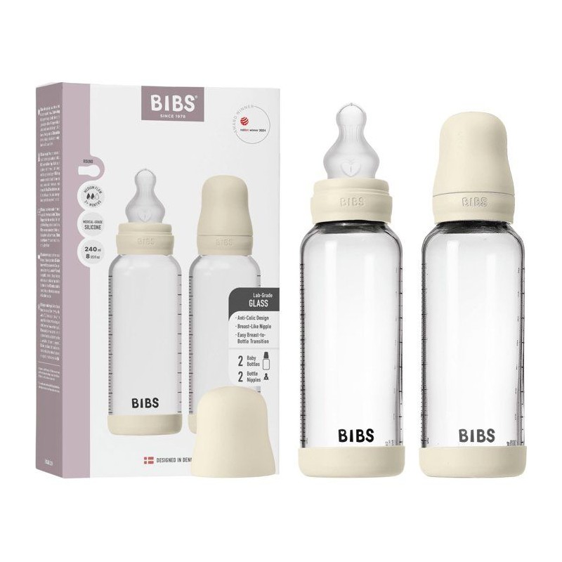 Biberon bébé - BIBS Verre - Embout rond - Silicone - 240 ml - Débit