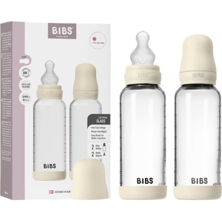 Biberon bébé - BIBS Verre - Embout rond - Silicone - 240 ml - Débit