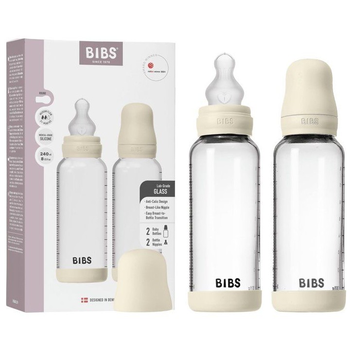 Biberon bébé - BIBS Verre - Embout rond - Silicone - 240 ml - Débit moyen - Ivory - Pack de 2