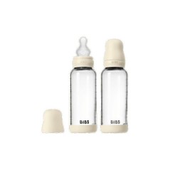 Biberon bébé - BIBS Verre - Embout rond - Silicone - 240 ml - Débit moyen - Ivory - Pack de 2