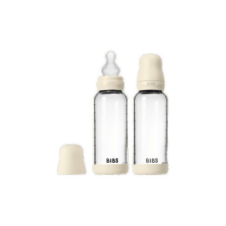 Biberon bébé - BIBS Verre - Embout rond - Silicone - 240 ml - Débit moyen - Ivory - Pack de 2