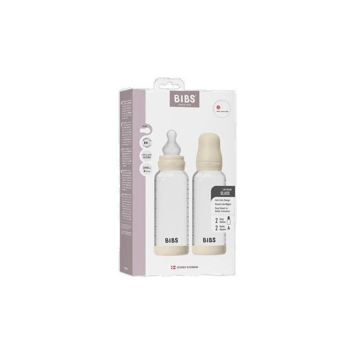 Biberon bébé - BIBS Verre - Embout rond - Silicone - 240 ml - Débit moyen - Ivory - Pack de 2