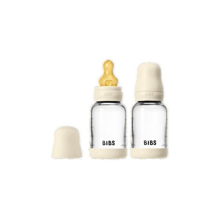 Biberon bébé - BIBS Verre - Embout rond - Caoutchouc naturel - 120 ml - Débit lent - Ivory - Pack de 2