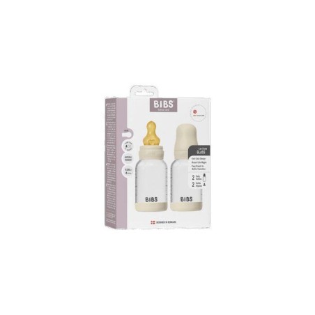 Biberon bébé - BIBS Verre - Embout rond - Caoutchouc naturel - 120 ml - Débit lent - Ivory - Pack de 2