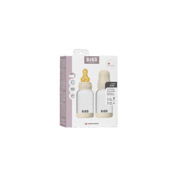 Biberon bébé - BIBS Verre - Embout rond - Caoutchouc naturel - 120 ml - Débit lent - Ivory - Pack de 2