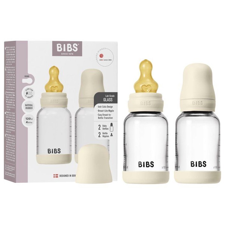 Biberon bébé - BIBS Verre - Embout rond - Caoutchouc naturel - 120 ml - Débit lent - Ivory - Pack de 2