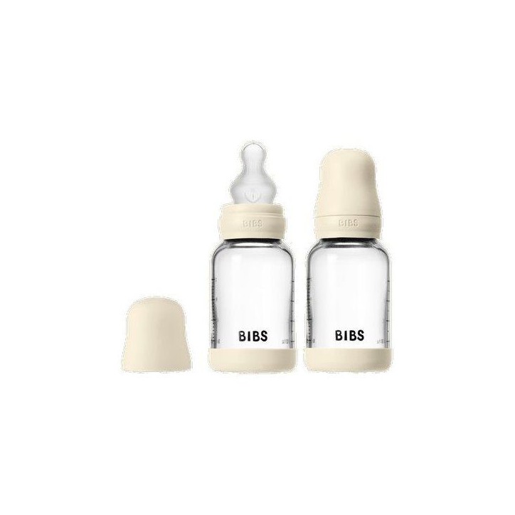Biberon bébé - BIBS Verre - Embout rond - Silicone - 120 ml - Débit lent - Ivory - Pack de 2 Biberon bébé - BIBS Verre - Embout rond - Silicone - 120 ml - Débit lent - Ivory - Pack de 2