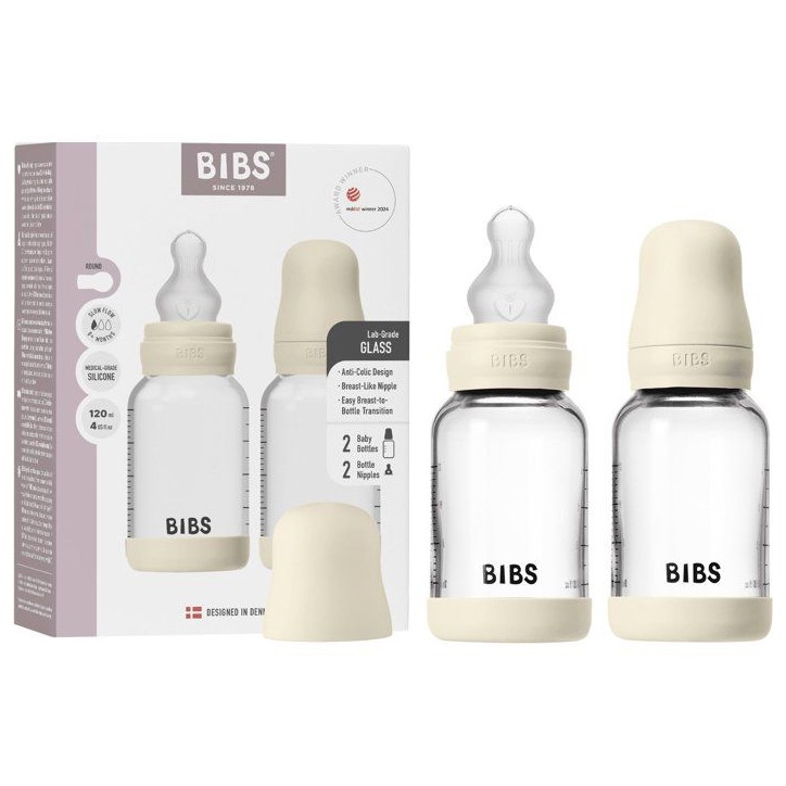 Biberon bébé - BIBS Verre - Embout rond - Silicone - 120 ml - Débit lent - Ivory - Pack de 2 Biberon bébé - BIBS Verre - Embout rond - Silicone - 120 ml - Débit lent - Ivory - Pack de 2