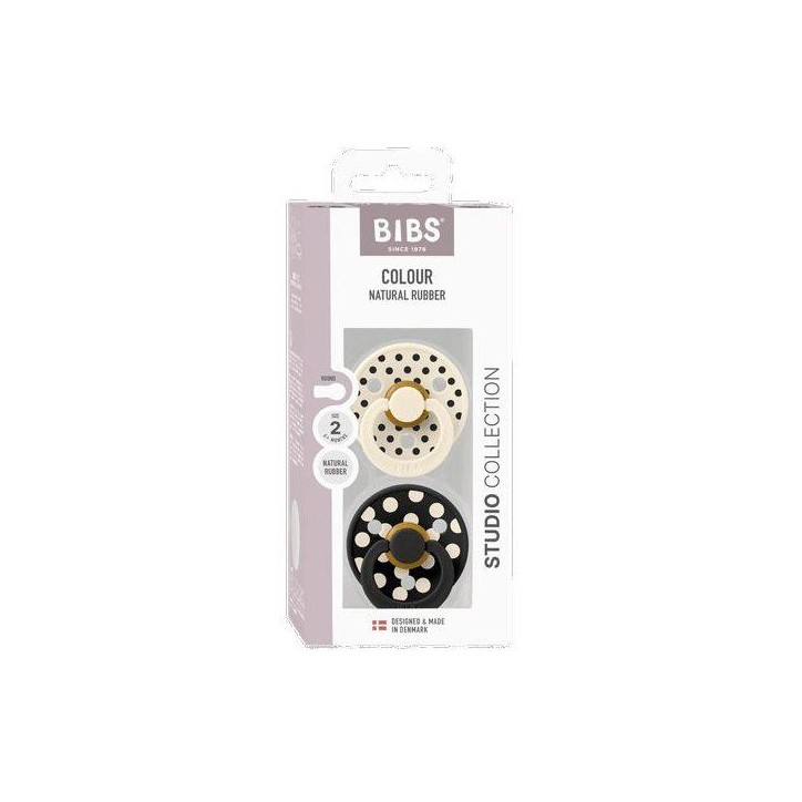 Sucette bébé - BIBS Studio Colour - Ronde - T2 - Caoutchouc naturel - Ivory Black - Pack de 2 Sucette bébé - BIBS Studio Colour - Ronde - T2 - Caoutchouc naturel - Ivory Black - Pack de 2