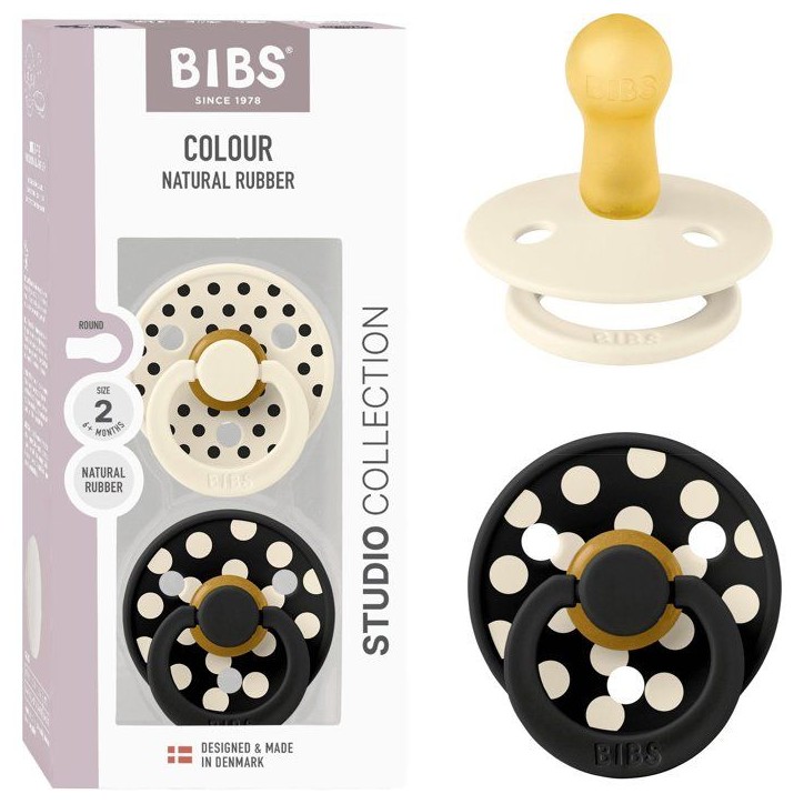 Sucette bébé - BIBS Studio Colour - Ronde - T2 - Caoutchouc naturel - Ivory Black - Pack de 2 Sucette bébé - BIBS Studio Colour - Ronde - T2 - Caoutchouc naturel - Ivory Black - Pack de 2