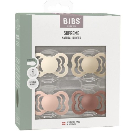 Pack sucettes - BIBS Supreme - Symétrique - T1 - Caoutchouc naturel - 4 pieces - Ivory Vanilla Blush Woodchuck