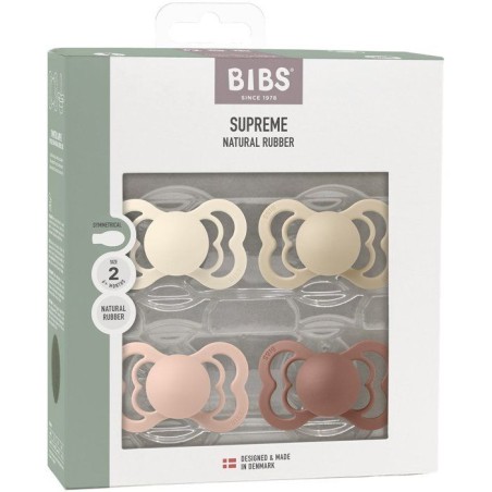 Pack sucettes - BIBS Supreme - Symétrique - T2 - Caoutchouc naturel - 4 pieces - Ivory Vanilla Blush Woodchuck