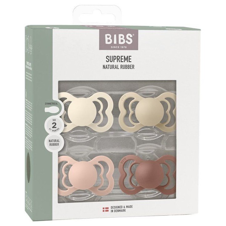 Pack sucettes - BIBS Supreme - Symétrique - T2 - Caoutchouc naturel - 4 pieces - Ivory Vanilla Blush Woodchuck Pack sucettes - BIBS Supreme - Symétrique - T2 - Caoutchouc naturel - 4 pieces - Ivory Vanilla Blush Woodchuck