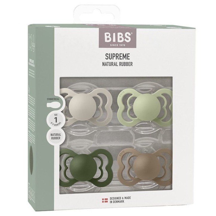 Pack sucettes - BIBS Supreme - Symétrique - T1 - Caoutchouc naturel - 4 pieces - Sand Sage Hunter Green Dark Oak Pack sucettes - BIBS Supreme - Symétrique - T1 - Caoutchouc naturel - 4 pieces - Sand Sage Hunter Green Dark Oak