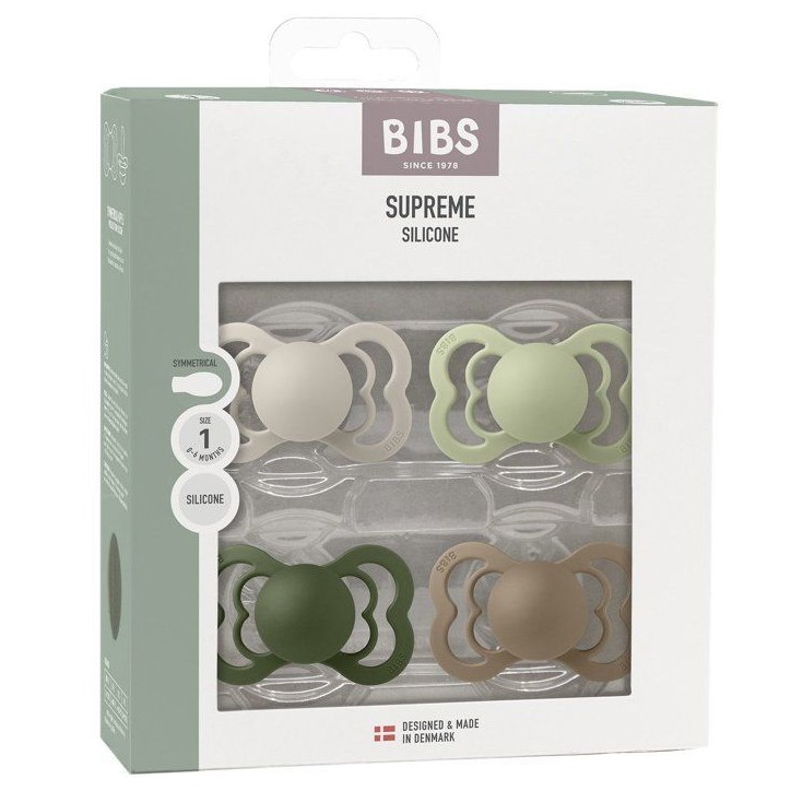 Sucette bébé - BIBS Supreme - Symétrique - T1 - Silicone - 4 pieces - Sand Sage Hunter Green Dark Oak Sucette bébé - BIBS Supreme - Symétrique - T1 - Silicone - 4 pieces - Sand Sage Hunter Green Dark Oak